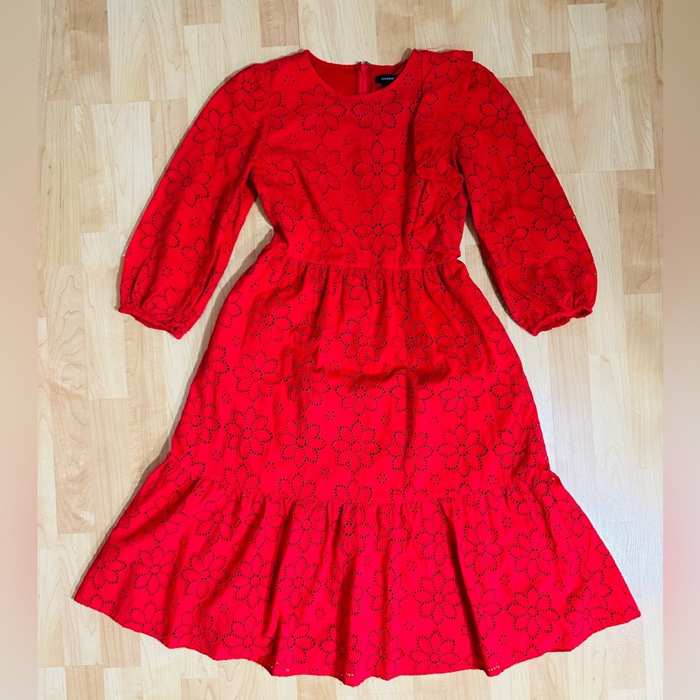Halogen Red Eyelet Midi Dress with Pockets. EUC. Size XS